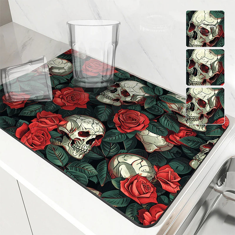 Axyaa Plant Skull Rose Absorbent Kitchen Mat