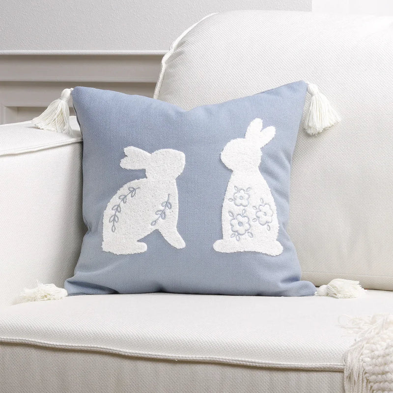 Axyaa Bunny Rabbit Floral Embroidery Pillow Cover, Soft Canvas Texture, Easter Home Decor