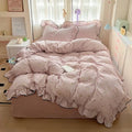 Axyaa Cream Lace Girl Powder Grid Korean Double-Layer Quilt Cover Set