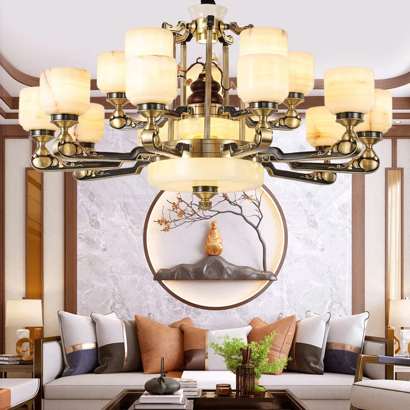 Axyaa Duplex Living Room Chandelier: Elegant Chinese Villa-style Multi-storey Zinc Alloy & Jade Lamps.