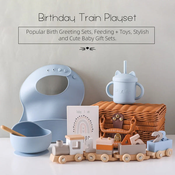 Axya Newborn Vintage Gift Box Set: Feeding Bowl, Spoon, Bib, Cup, Wooden Train Toy, Photography Prop