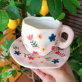 Axyaa 10oz Korean Style Ceramic Coffee Mug with Saucer Hand Painted Tea Cup Set