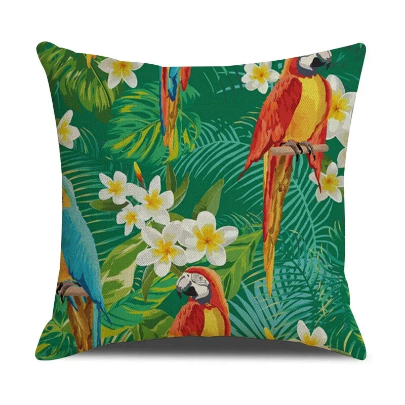 Tropical Birds Linen Pillowcase Set for Decorative Throw Cushions by Axyaa