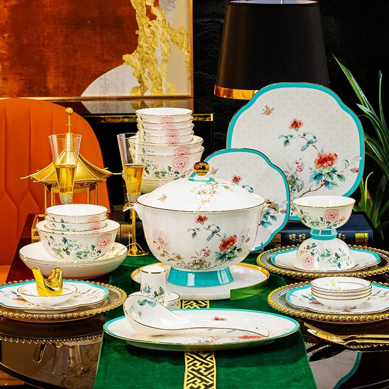 Axya European Luxury Bone Dinnerware Set: Bowls, Plates, Dishes, Spoons, Chopsticks.
