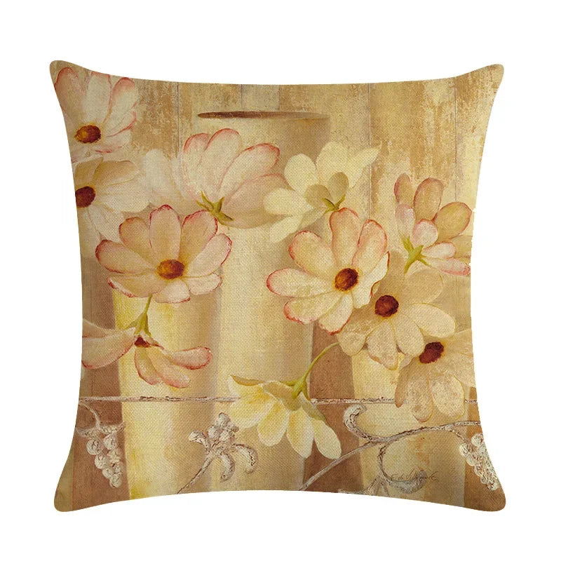 Axyaa Retro Flower Oil Painting Linen Pillowcase 45*45cm