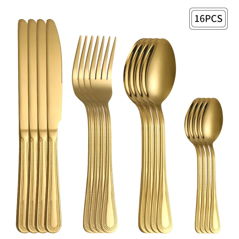 Axyaa 24pc Gold Stainless Steel Cutlery Set - Retro Style for Kitchen & Restaurant