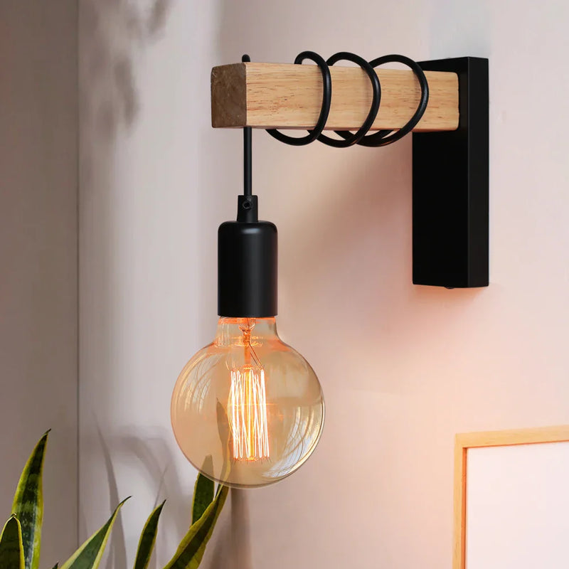 Axyaa Retro Iron Wood Wall Sconce Indoor Lamp -  E27 Bedside Dining Room Switch