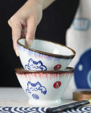 Axyaa Ceramic Lucky Cat Rice Bowl Set - 5" Bamboo Hat Household Tableware