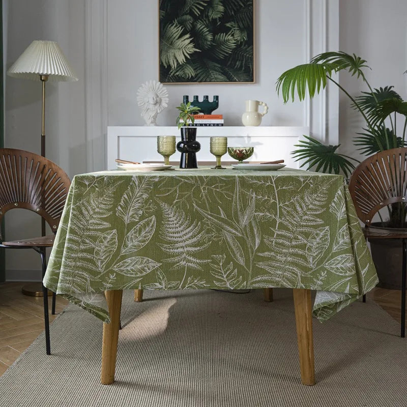 Axya Green Leaf Dining Table Cloth in American Fabric Art, Rectangle Design