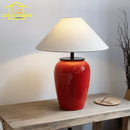 Axyaa Red Ceramics Table Lamp LED E27 Fabric Lampshade, Art Decorative Desk Light