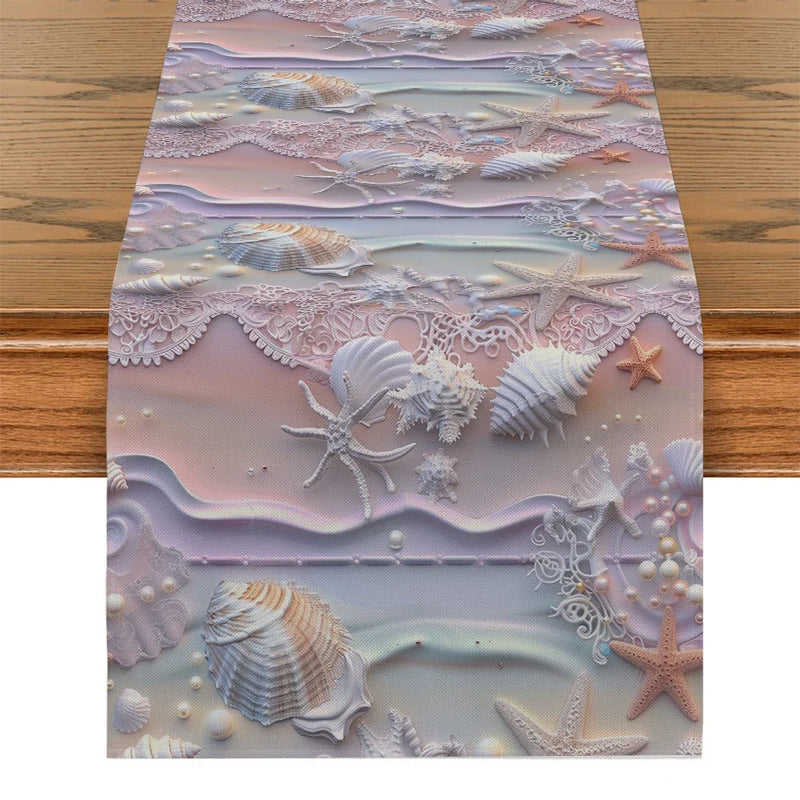 Axyaa Shell Starfish Pearl Coral Table Runner for Farmhouse Dining Décor