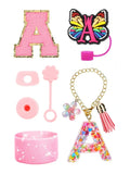 Axyaa Cup Set: Initials Silicone Straw Cap Boot Handle Sticker Charm