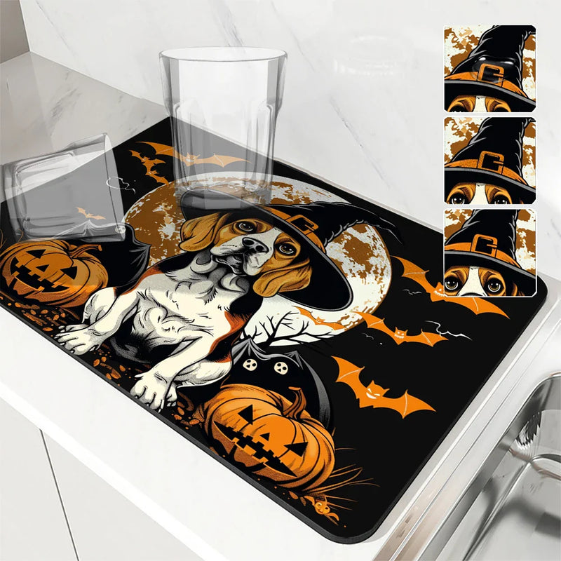 Axyaa Coffee Mat: Halloween Dog Bat Draining Pad, Quick Dry Kitchen Bathroom Drying Mat
