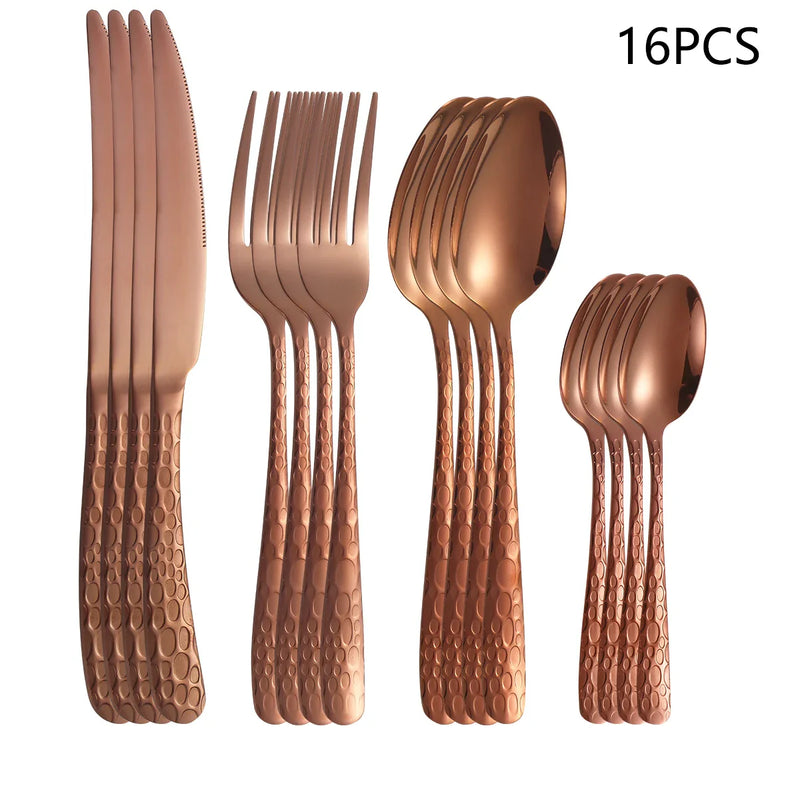 Axyaa Rose Gold Stainless Steel Tableware Set - 24pcs, Steak Knife, Dinner Fork, Soup Spoon, Tea Spoon