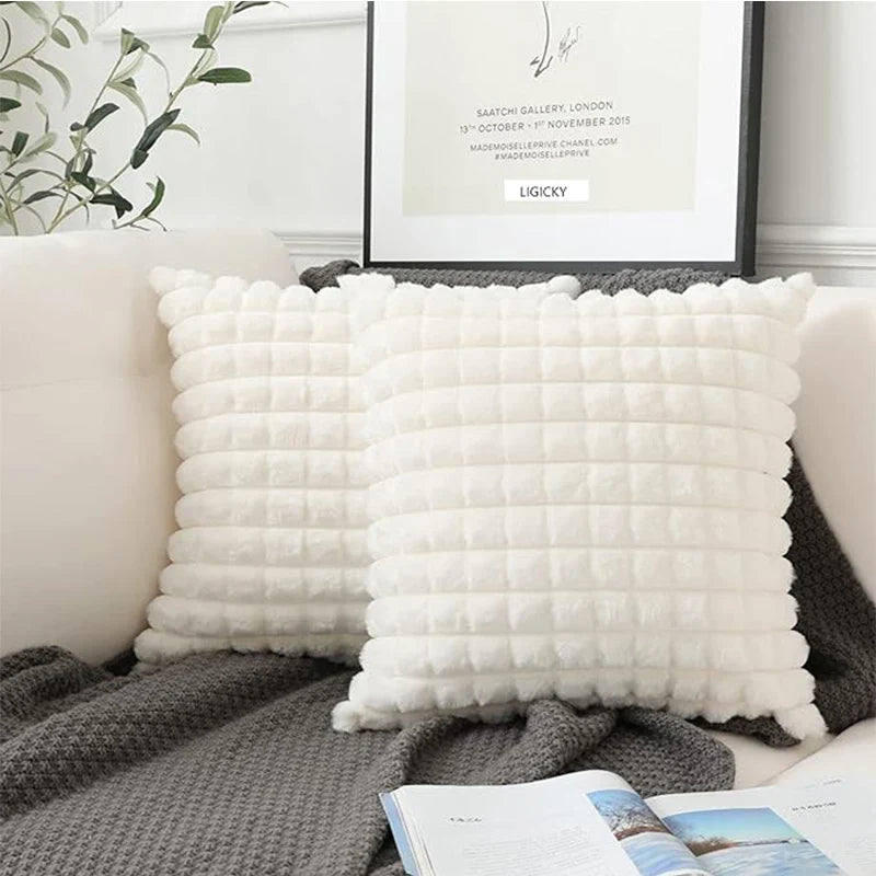 Axyaa White Plaid Plush Cushion Cover - Super Soft, Nordic Style, 45*45cm Home Decor Pillow Cover