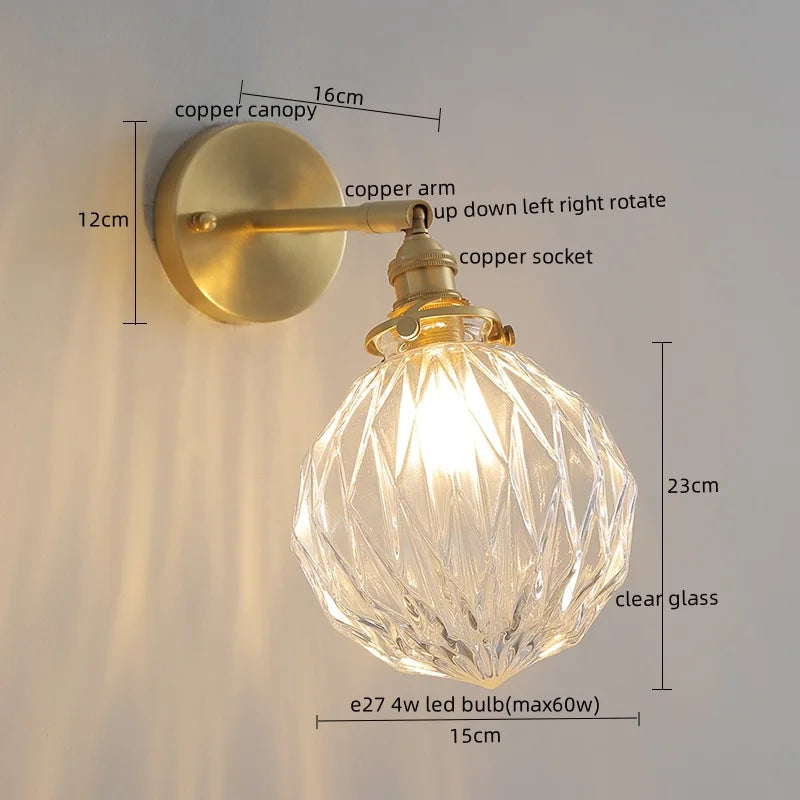 Axyaa Copper Glass Knob Switch LED Wall Light Fixture for Bedroom, Nordic Modern Arandela