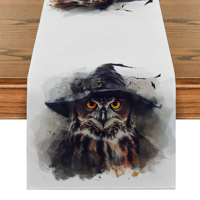 Axyaa Halloween Owl Wizard Hat Table Runner - Elegant Home Dining Decor