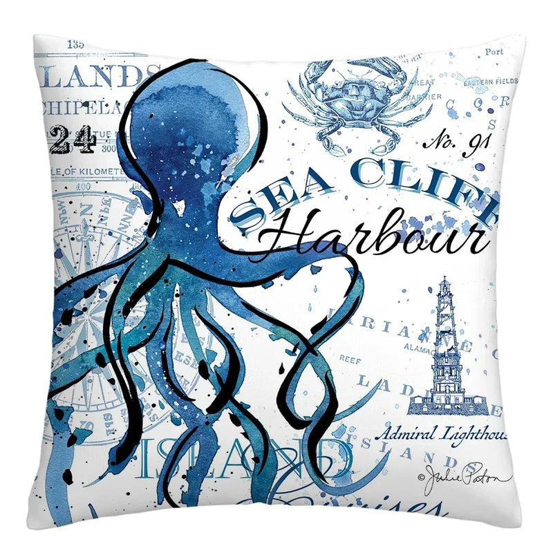 Axyaa Blue Marine Organism Pattern Polyester Cushion Cover for Home Sofa