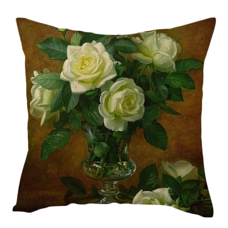 Axyaa Rose Vase Floral Cushion Cover - Orange Pomegranate Sofa Pillow Case