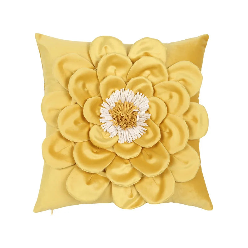 Axyaa Velvet Flower Cushion Cover in Yellow Blue White Pink, Handmade Luxury Pillowcase