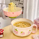 Axyaa Strawberry Ramen Bowl With Lid | Cute Ceramics 700ml Home Kitchen Tableware