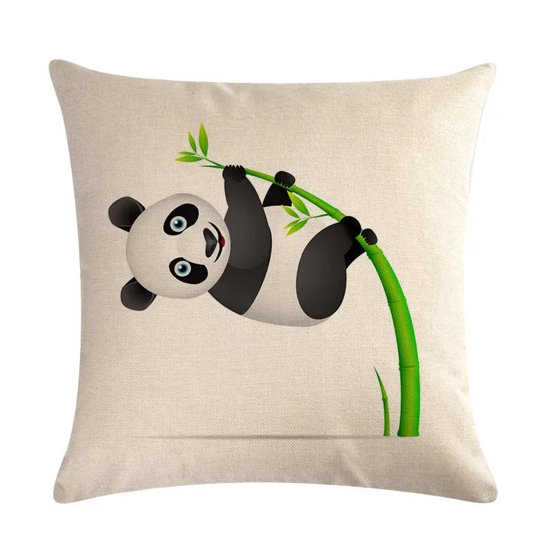 Axyaa Cartoon Panda Print Linen Pillowcase 45x45cm Square Home Sofa Decoration Cover