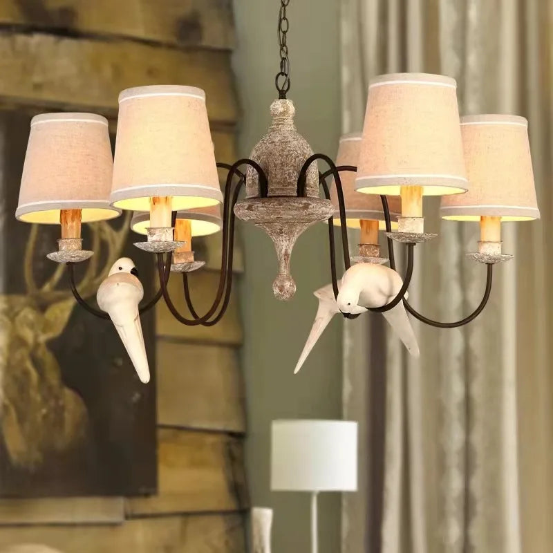 Axyaa Wooden Chandelier Bird Light Fabric Nordic Style E14 for Living Room