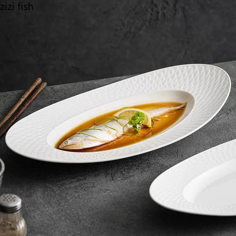 Axya Scaly Texture Ceramic Fish Plate | Oval Dessert Sushi Dish