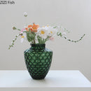 Axyaa Green Relief Glass Vase for Artificial Flowers Arrangement - Room Decor Aesthetic