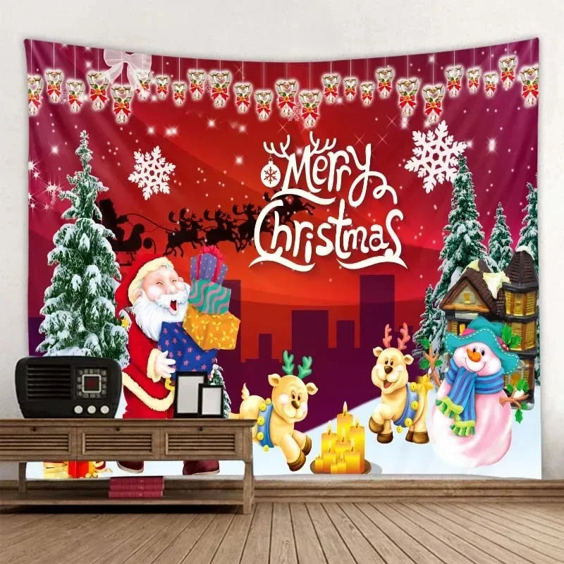 Axyaa Christmas Party Decoration Background Cloth Santa Claus Christmas Tree Stove Tapestry