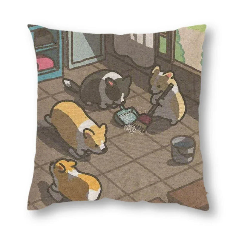 Axyaa Corgi Daily Life Linen Pillow Cover 45*45cm