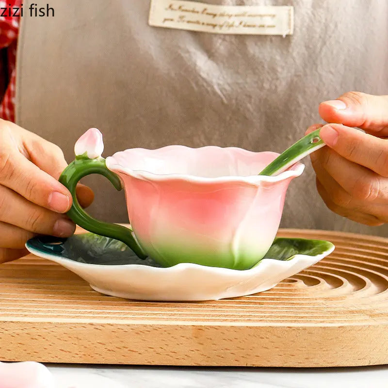 Axya Rose Ceramic Tea Set with Petaled Teapot and Butterfly Bud Cup
