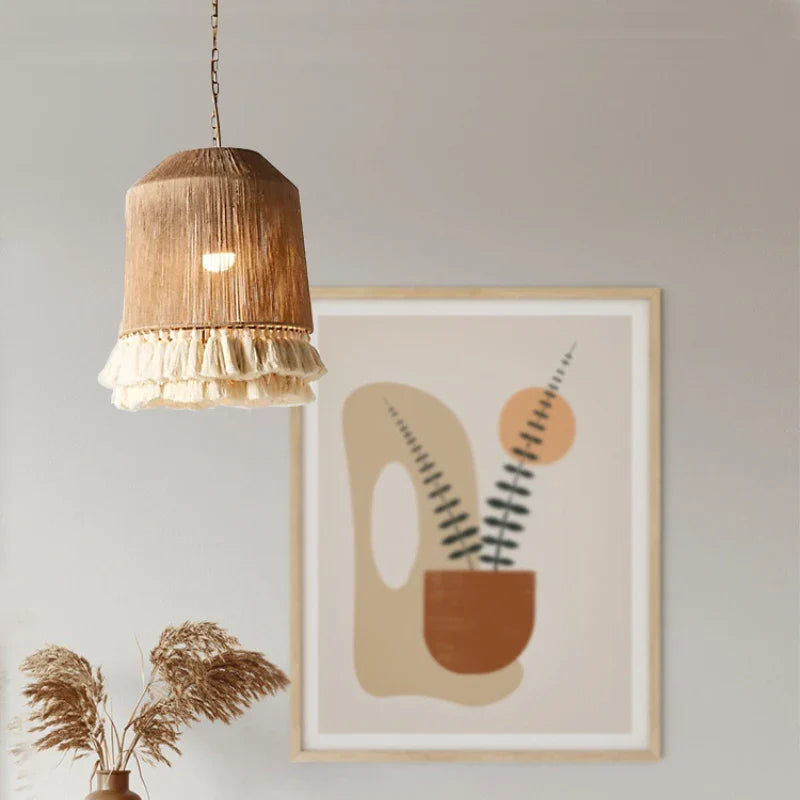 Axyaa Bohemian Macrame Pendant Light with Tassel Details