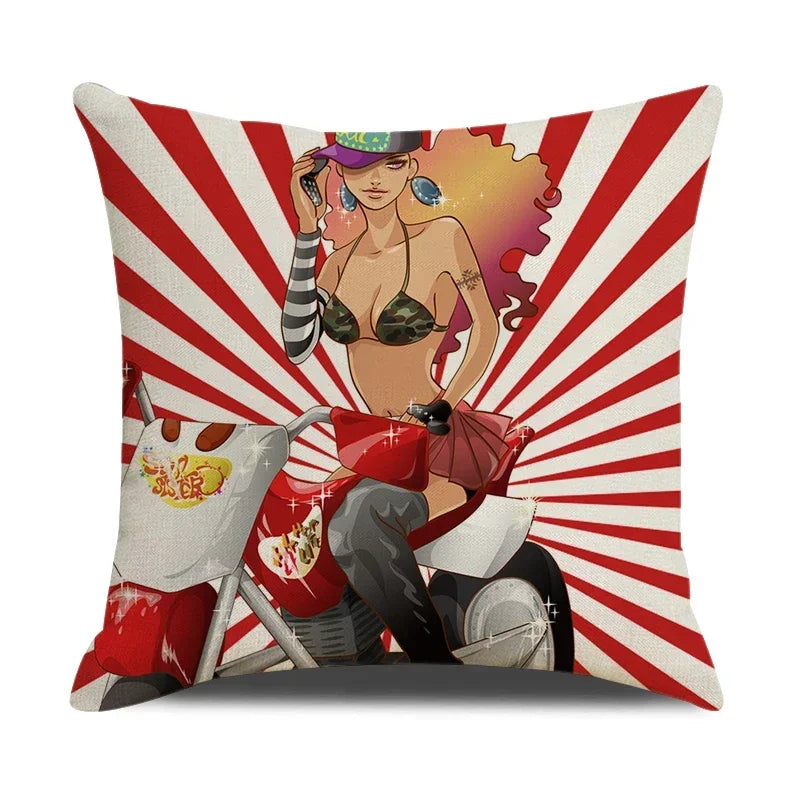 Retro Motorcycle Girls Linen Pillow Cover by Axyaa