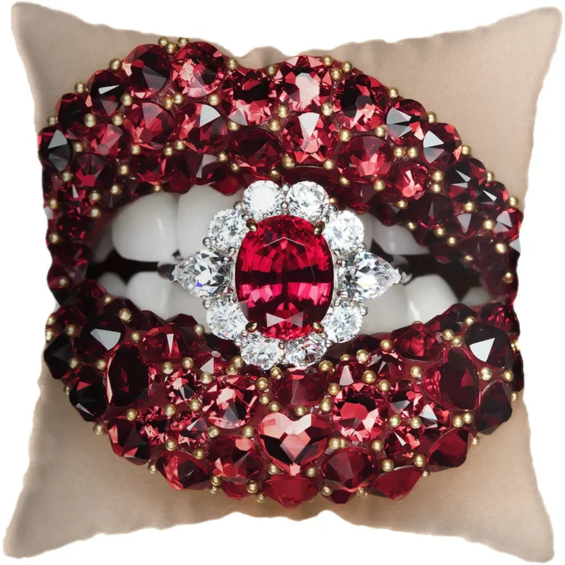 Pink Gold Lips Cushion Cover by Axyaa: Modern Nordic Diamond Painting Home Decor