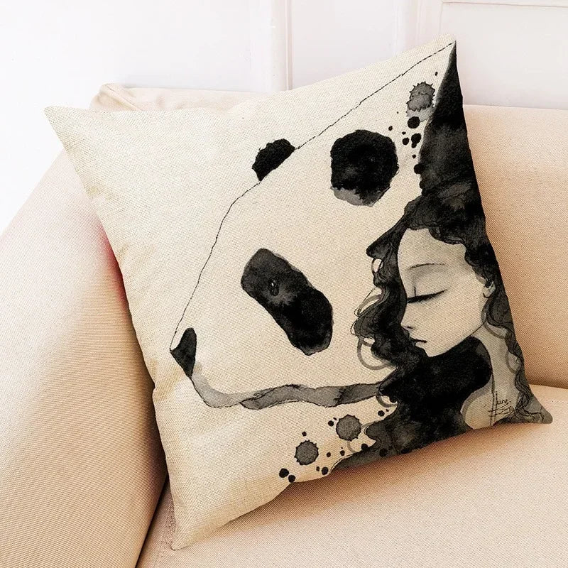 Axyaa Panda Linen Pillowcase 45*45cm - Office Sofa Decor Sans Car Cushion Cover