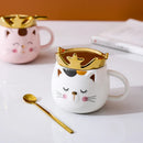 Axyaa Crown Cat Ceramic Mug with Lid Spoon - Cute Cartoon Coffee Cup