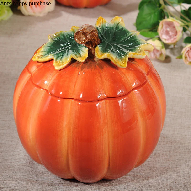 Axya Hand-Painted Pumpkin Storage Jar with Cover - Decorative Food Storage Box