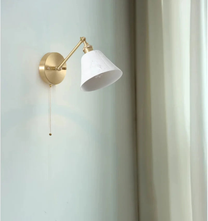 Axyaa White Ceramic LED Wall Sconce Lamp, Nordic Copper Minimalism for Living Room, Bedroom