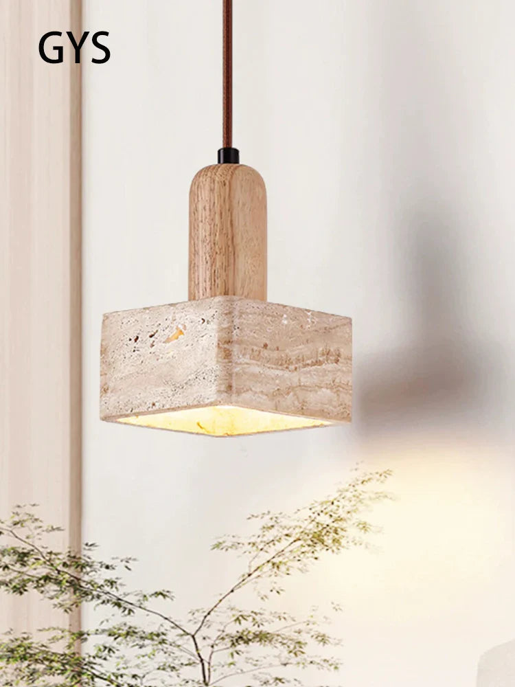 Axya Solid Wood Square Stone Chandelier, Retro Style E27 Pendant Lamp for Bedroom, Living Room