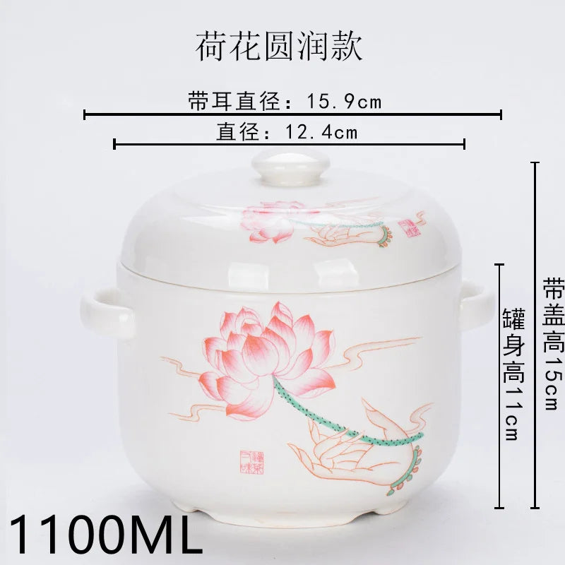 Axya Ceramic Flower Health Stew Pot Double Lid Soup Bowl Bird's Nest Ginseng Jar
