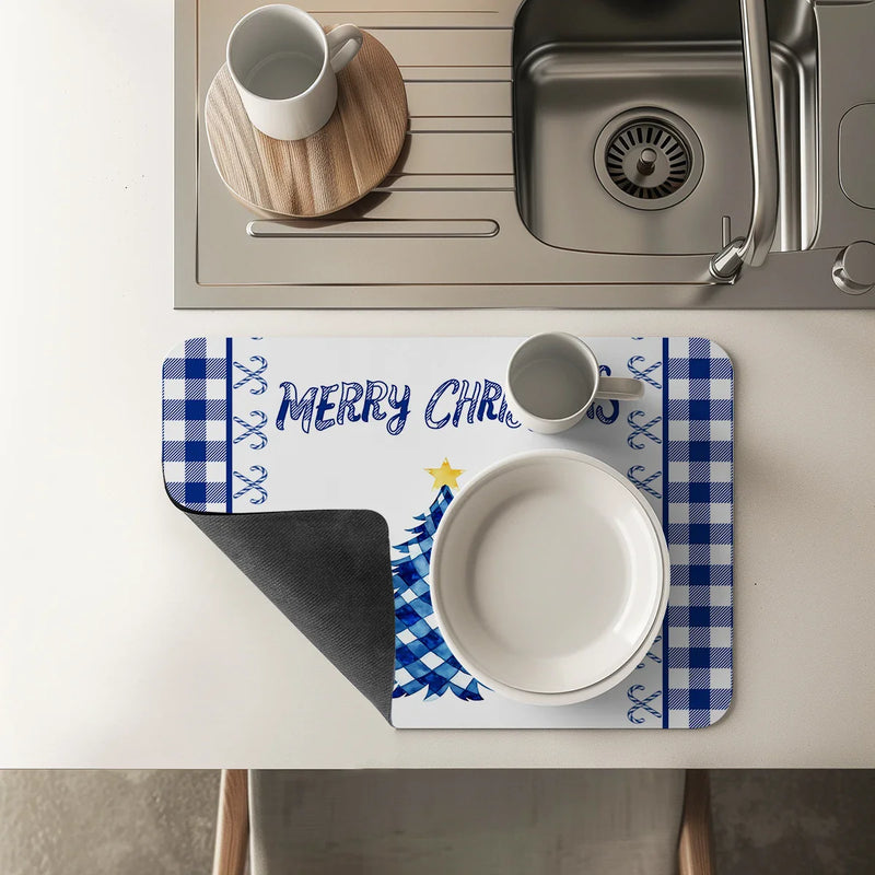 Axyaa Christmas Candy Plaid Silhouette Kitchen Drying Mat