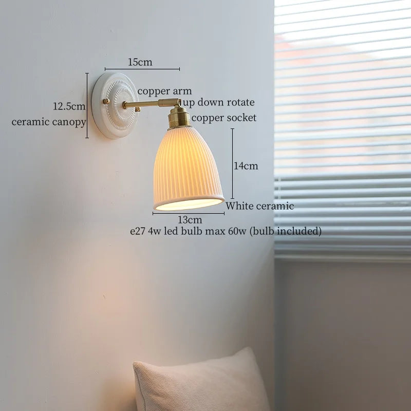 Axyaa Pleats Ceramic LED Wall Sconce Lamp with Adjustable Copper Arm