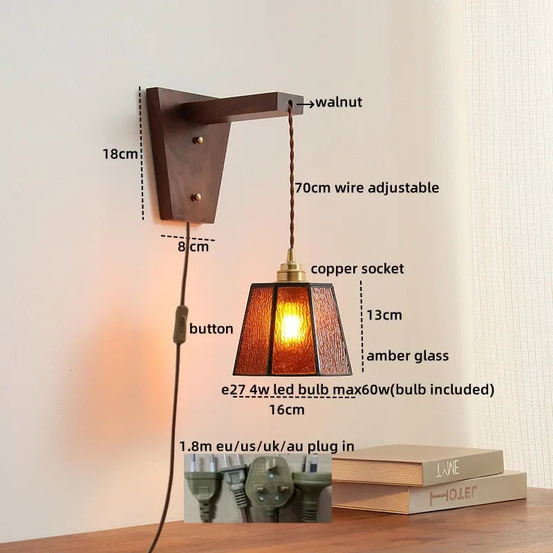 Axyaa Nordic Glass Walnut LED Wall Lights with Pull Chain Switch for Bedroom