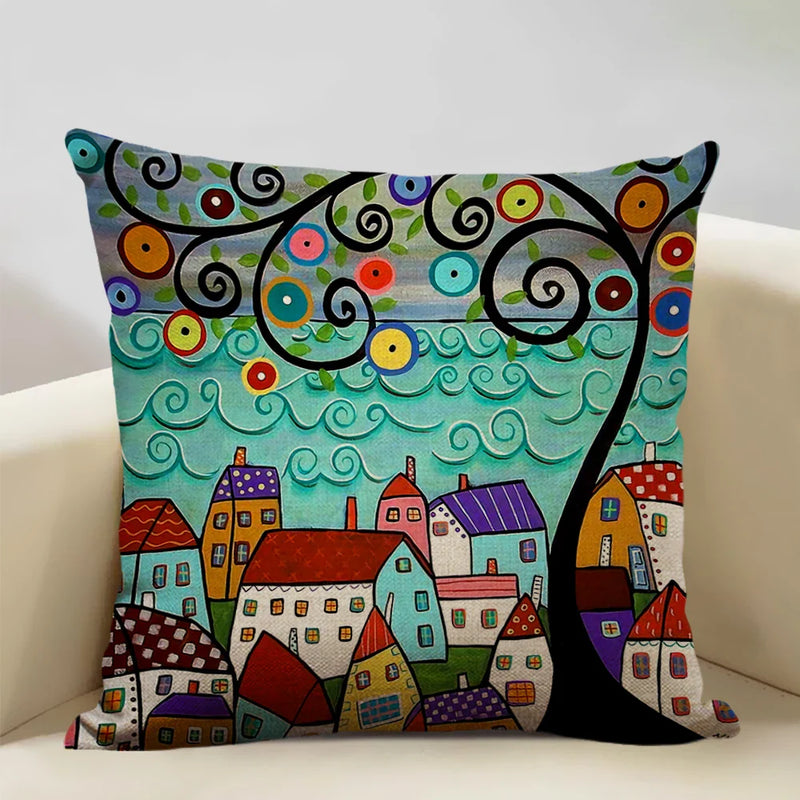 Hand-Painted Retro Country Linen Cushion Cover by Axyaa