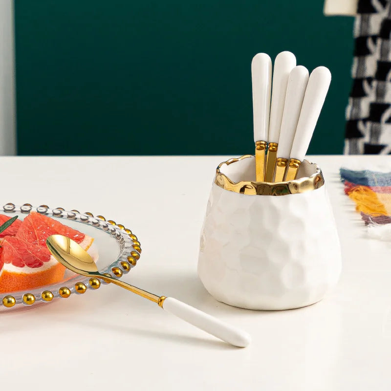 Axyaa Ceramic Storage Container Mini Utensil Set Nordic Style Gold Edge Smooth Texture