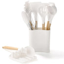 Axyaa Silicone Kitchen Utensils Set with Storage Bucket - Non-Stick, Wood Handle