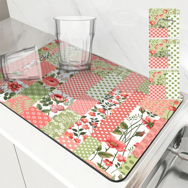 Axyaa Floral Geometry Kitchen Absorbent Draining Mat - Quick Dry Drain Pad