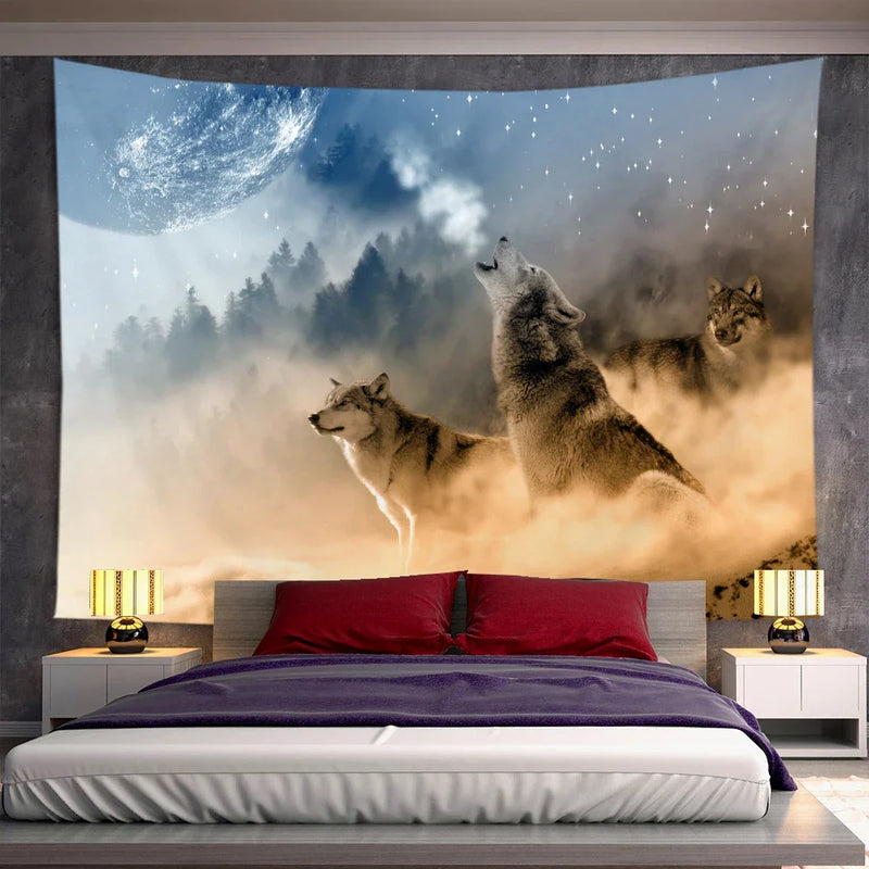 Axyaa Psychedelic Moon Wolf Wall Hanging Tapestries for Home Decor