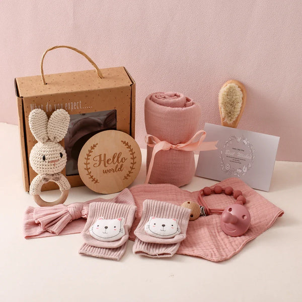 Axya Newborn Essentials Gift Set: Towel, Blanket, Pacifier Chain, Bracelet, Rattle & Gift Box